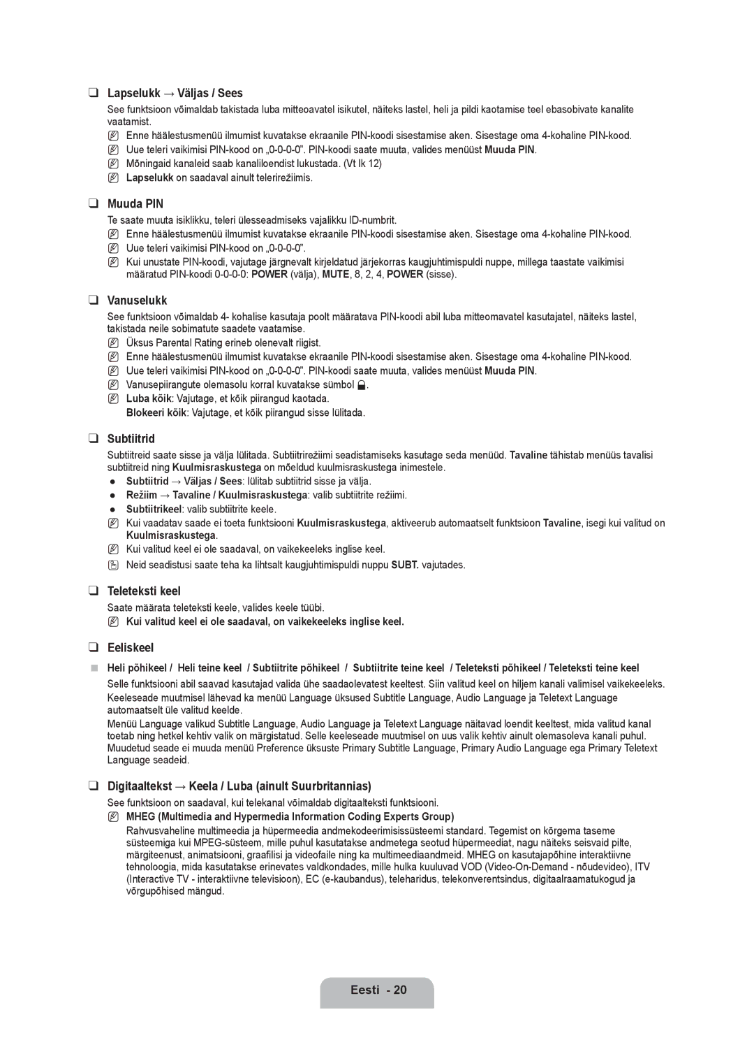 Samsung BN68-01899D-00 user manual Lapselukk → Väljas / Sees, Muuda PIN, Vanuselukk, Subtiitrid, Teleteksti keel, Eeliskeel 