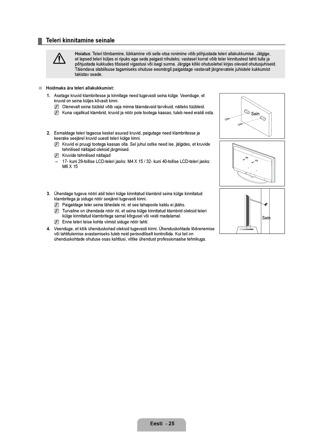 Samsung BN68-01899D-00 user manual Teleri kinnitamine seinale,  Hoidmaks ära teleri allakukkumist, Sein 