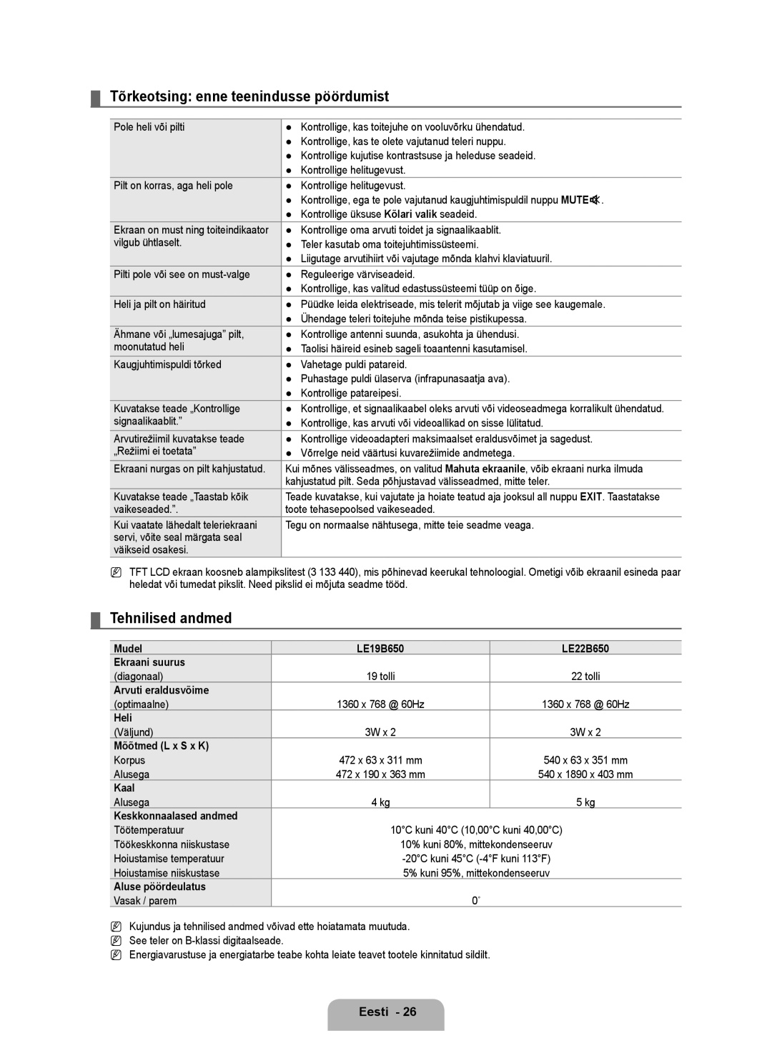 Samsung BN68-01899D-00 user manual Tõrkeotsing enne teenindusse pöördumist, Tehnilised andmed 