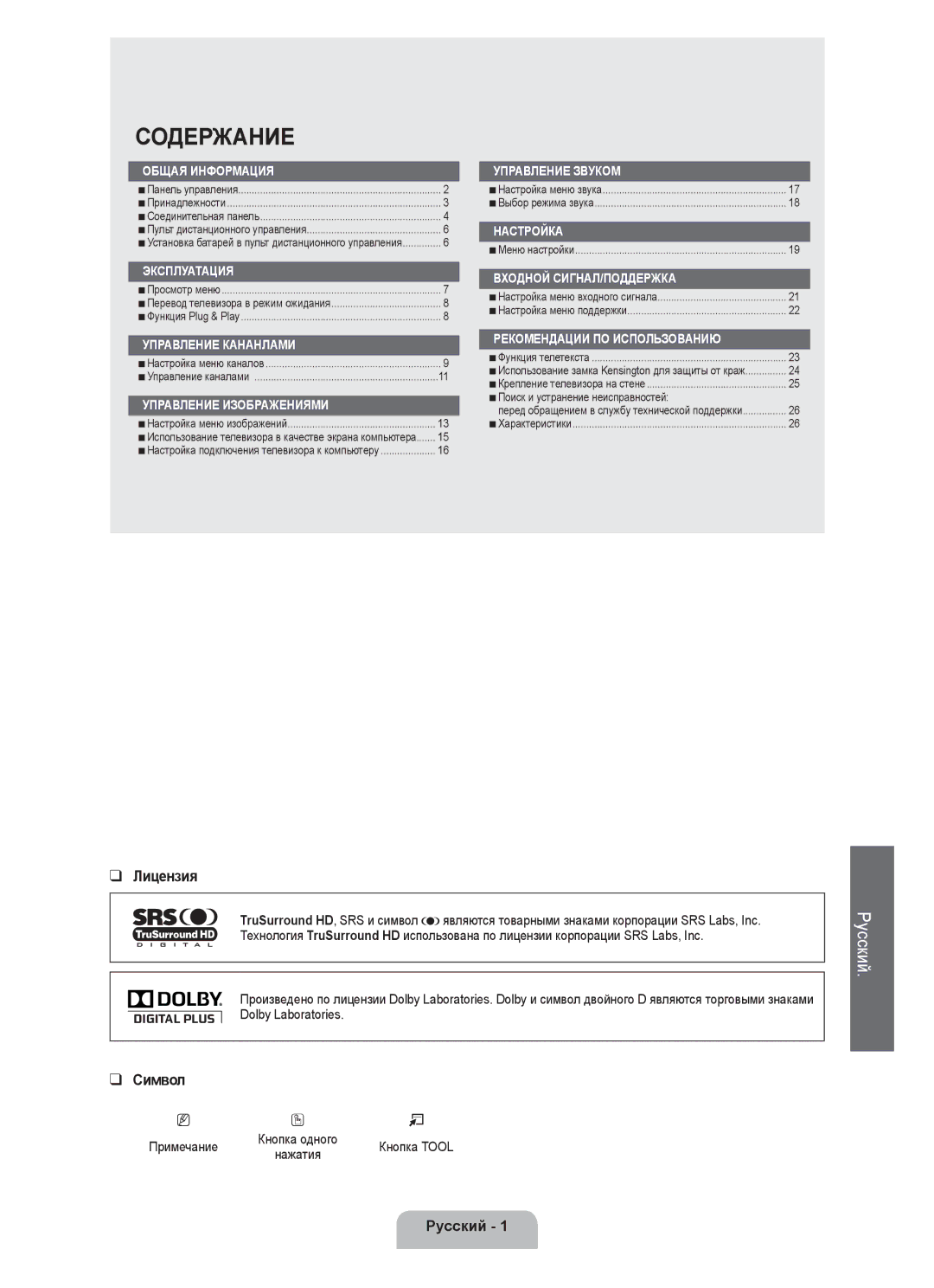 Samsung BN68-01899D-00 user manual Лицензия, Символ, Русский 