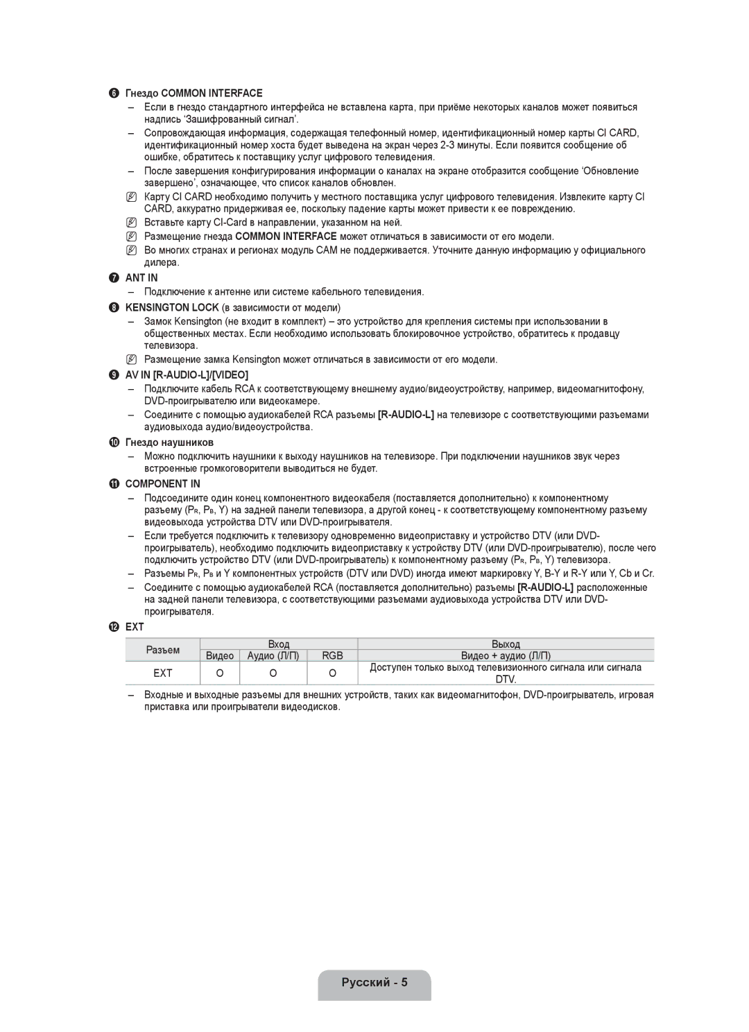 Samsung BN68-01899D-00 user manual Гнездо Common Interface, Гнездо наушников, Вход 