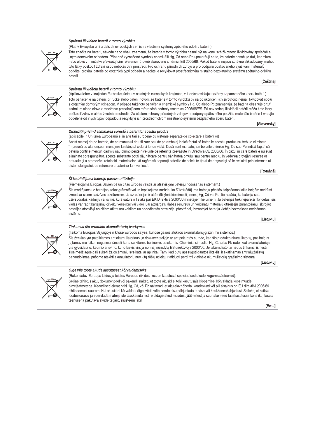 Samsung BN68-01899D-00 user manual Správná likvidace baterií v tomto výrobku 