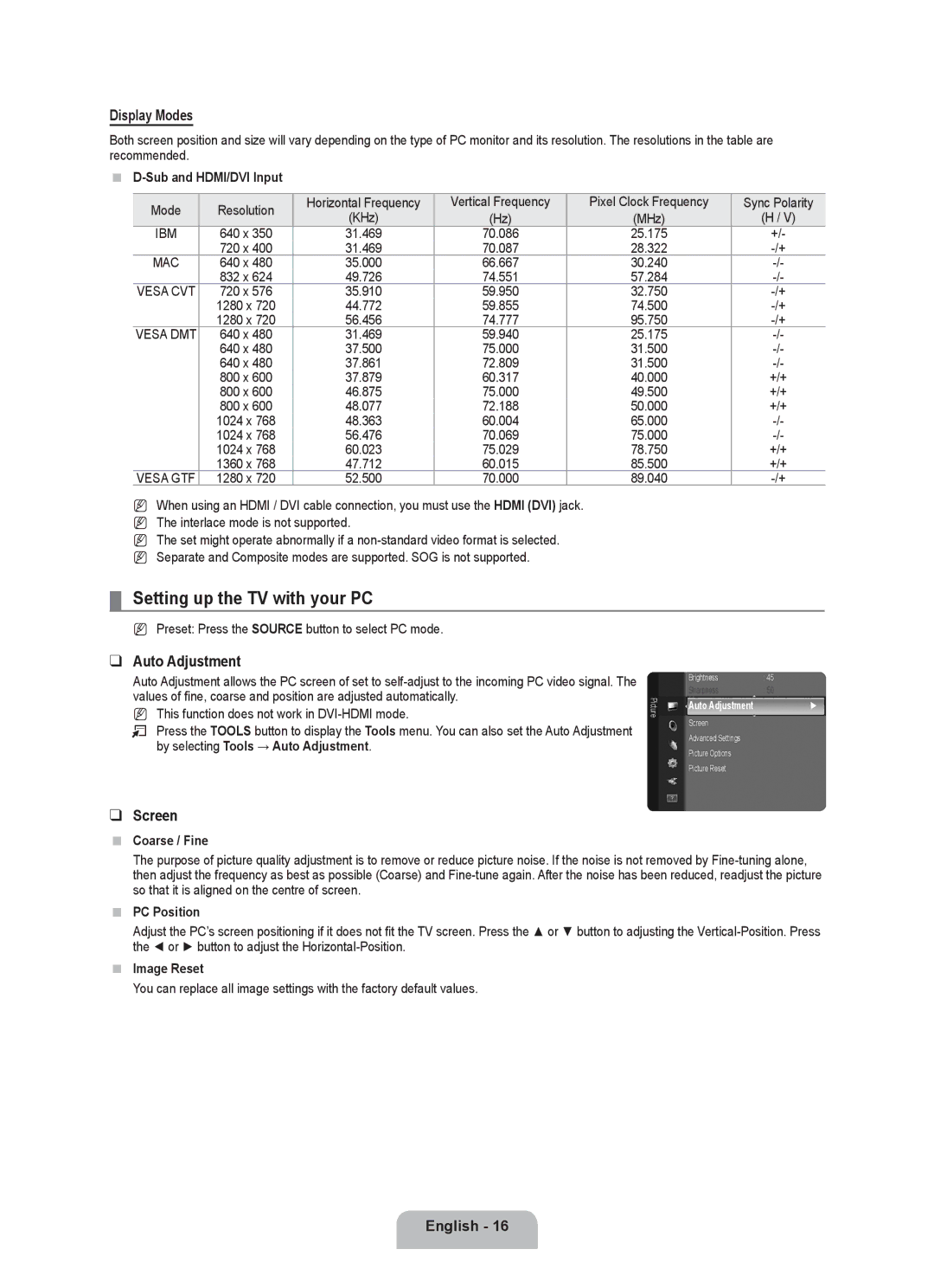 Samsung BN68-01899D-00 user manual Setting up the TV with your PC, Display Modes, Auto Adjustment, Screen 