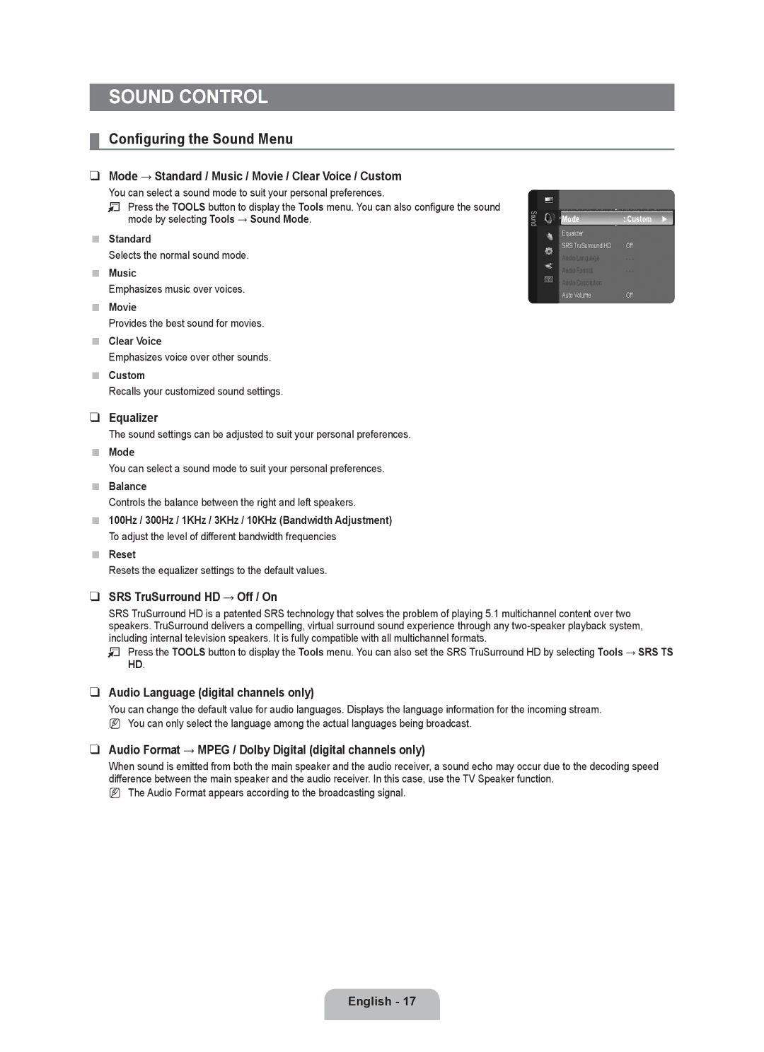 Samsung BN68-01899D-00 user manual Sound Control, Configuring the Sound Menu 