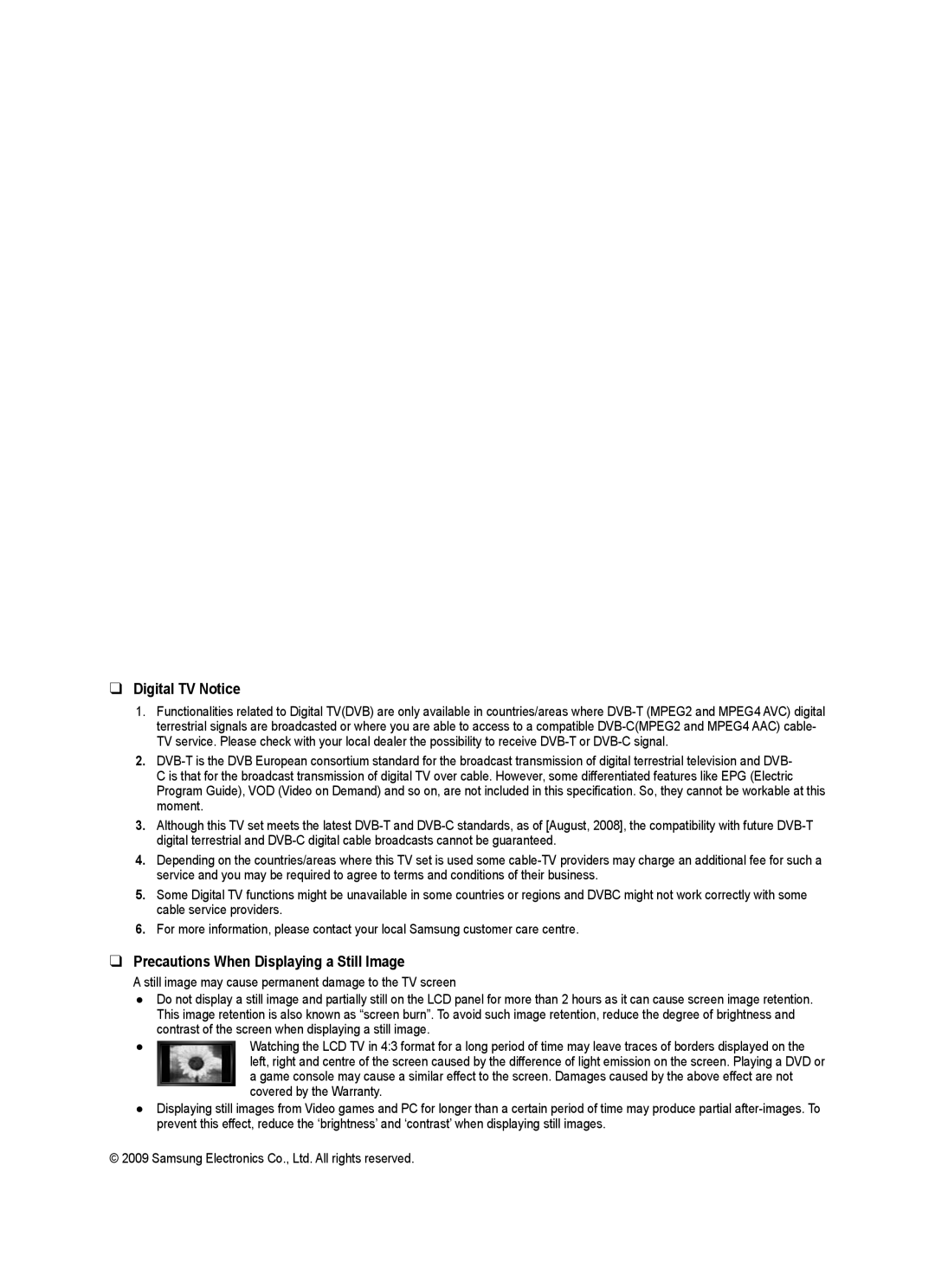 Samsung BN68-01899D-00 user manual Digital TV Notice, Precautions When Displaying a Still Image 