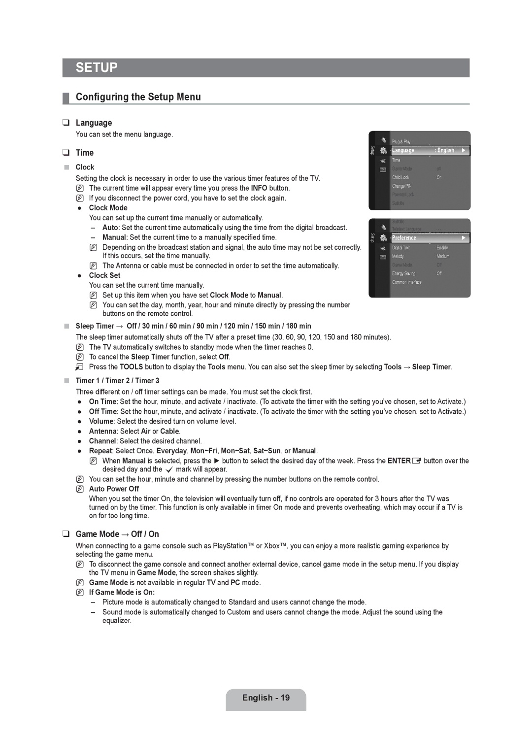 Samsung BN68-01899D-00 user manual Configuring the Setup Menu, Language, Time, Game Mode → Off / On 