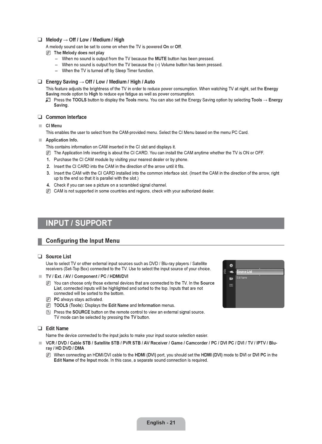 Samsung BN68-01899D-00 user manual Input / Support, Configuring the Input Menu 