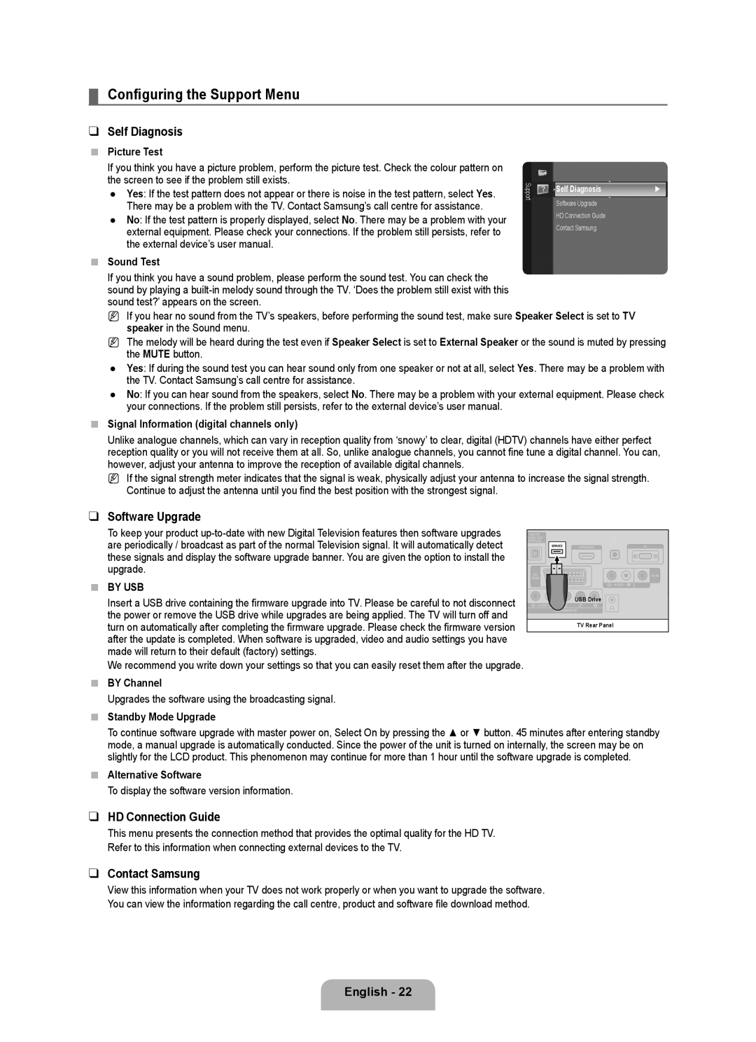 Samsung BN68-01899D-00 user manual Configuring the Support Menu, Self Diagnosis, Software Upgrade, HD Connection Guide 