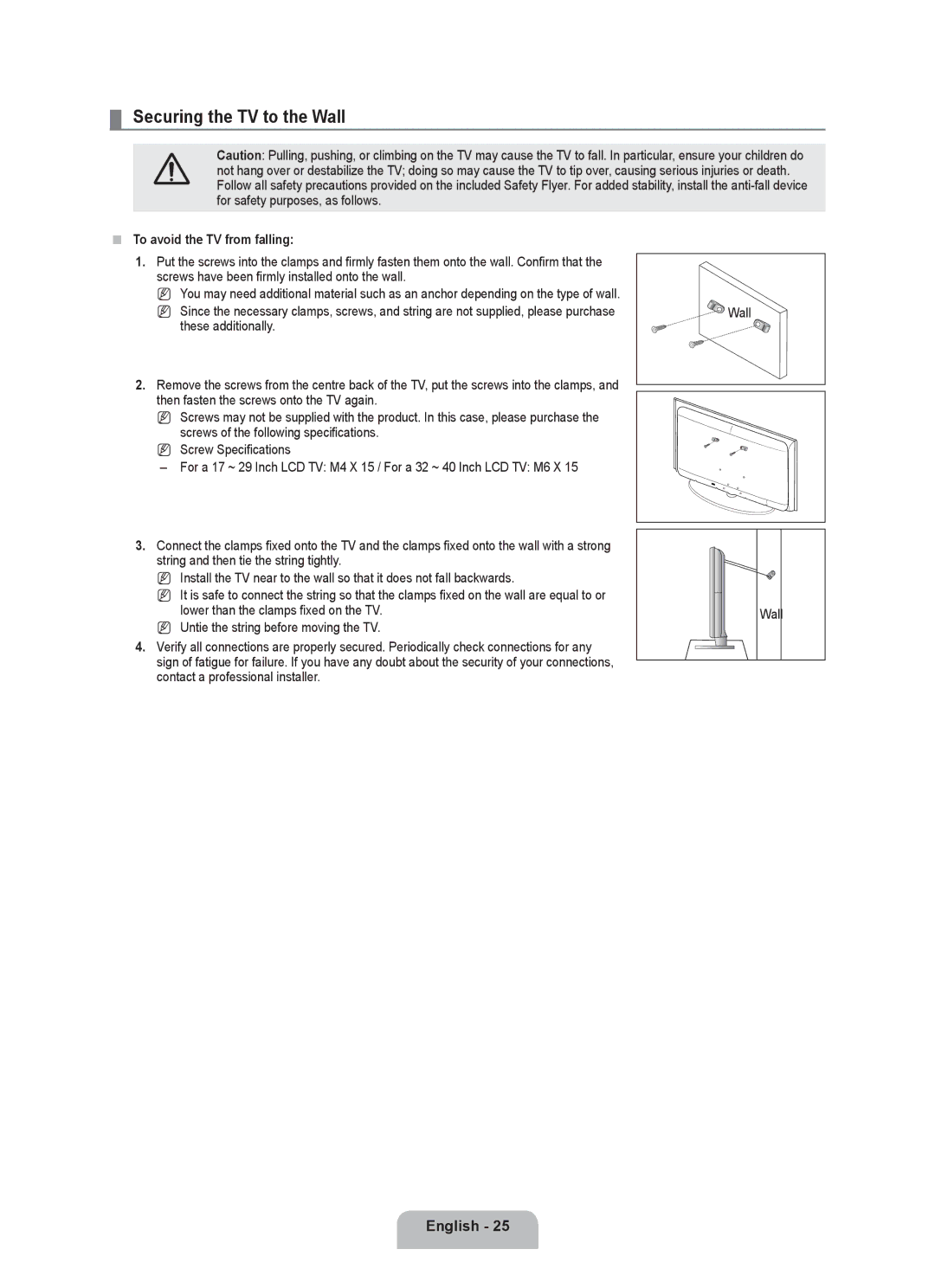 Samsung BN68-01899D-00 Securing the TV to the Wall,  To avoid the TV from falling, Contact a professional installer 