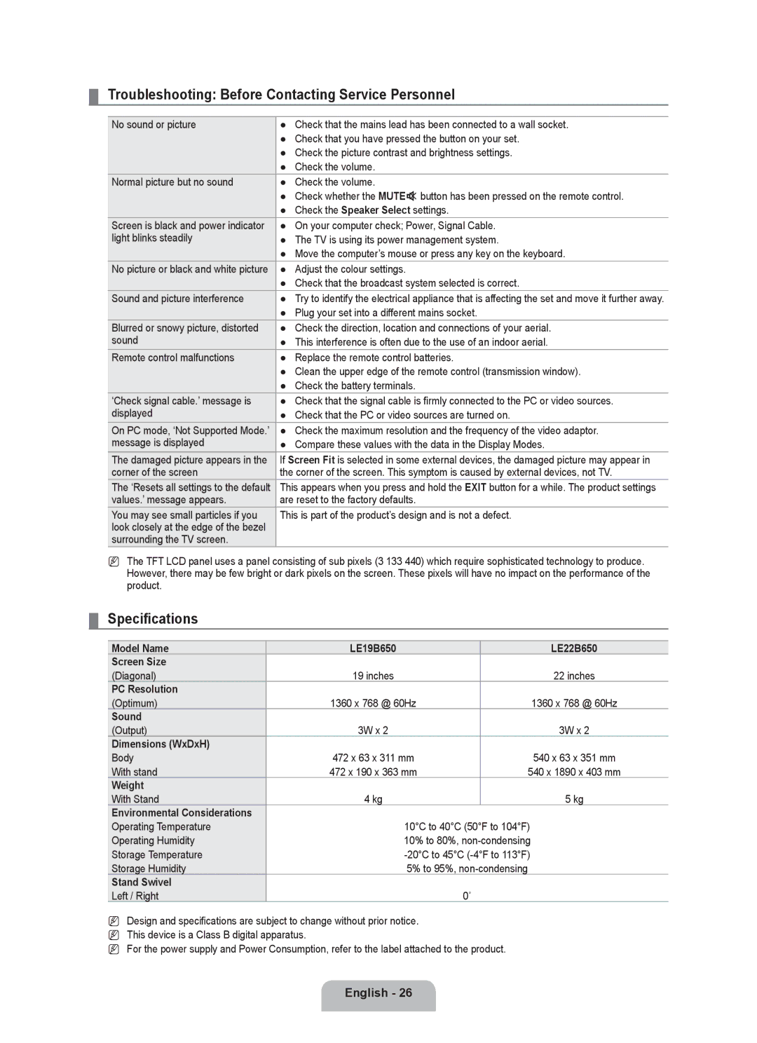 Samsung BN68-01899D-00 user manual Troubleshooting Before Contacting Service Personnel, Specifications 