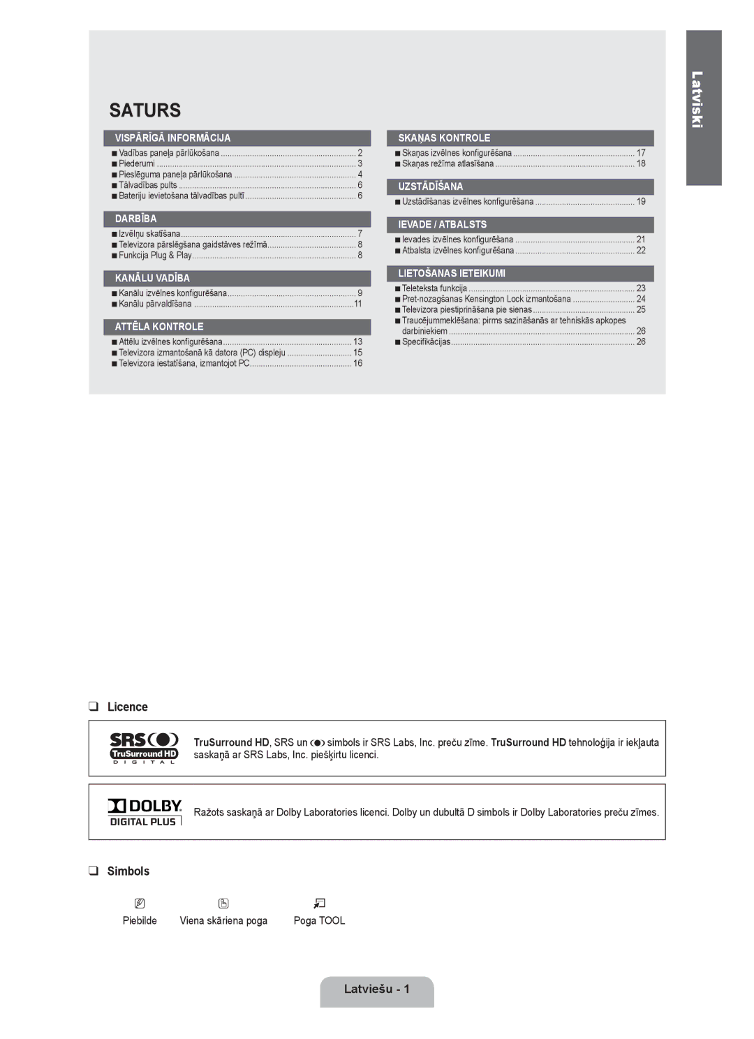 Samsung BN68-01899D-00 user manual Licence, Simbols, Latviešu  