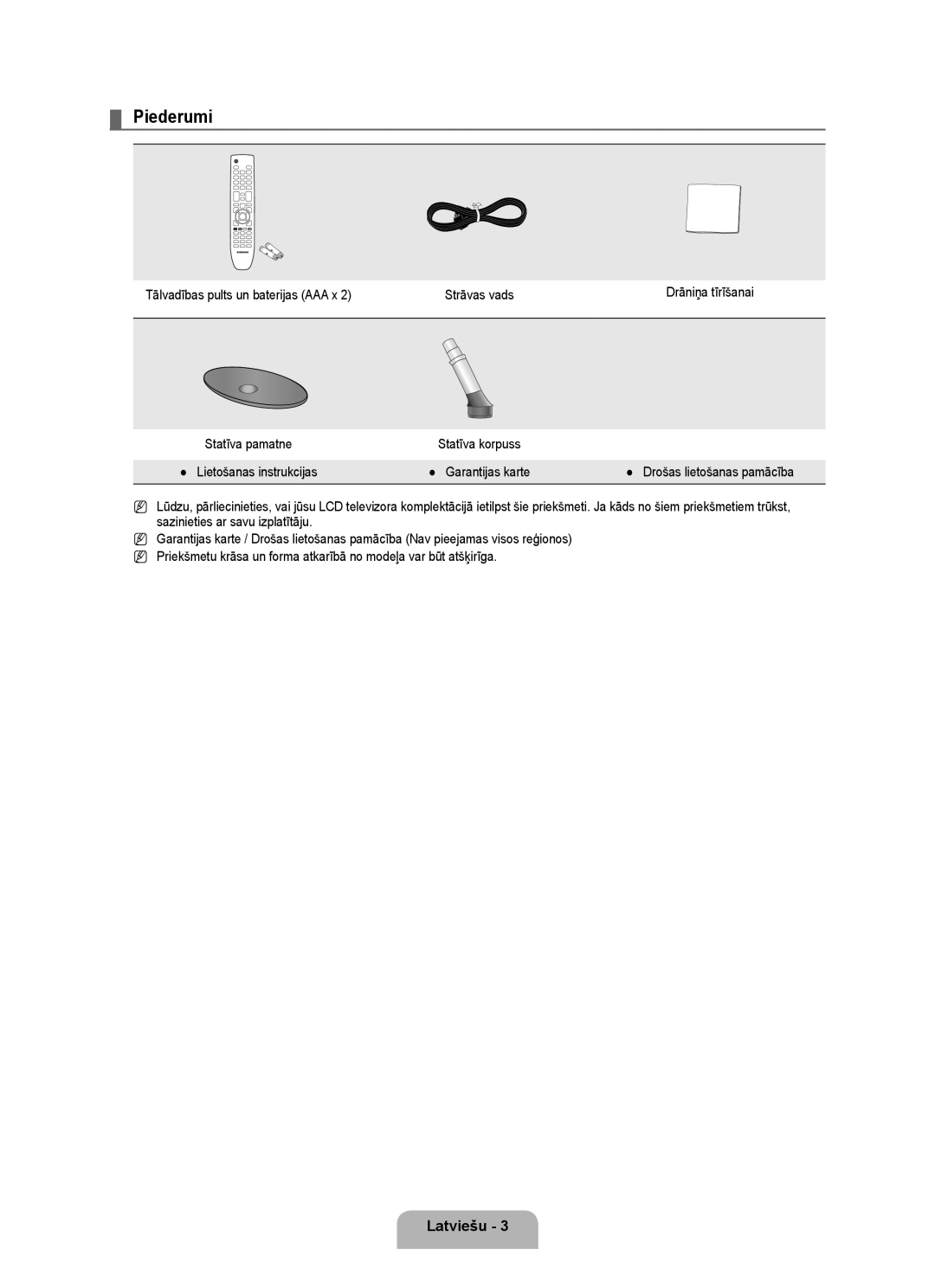 Samsung BN68-01899D-00 user manual Piederumi, Drošas lietošanas pamācība 