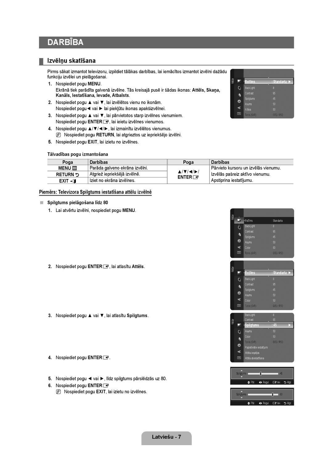 Samsung BN68-01899D-00 user manual Darbība, Izvēlņu skatīšana, Piemērs Televizora Spilgtums iestatīšana attēlu izvēlnē 