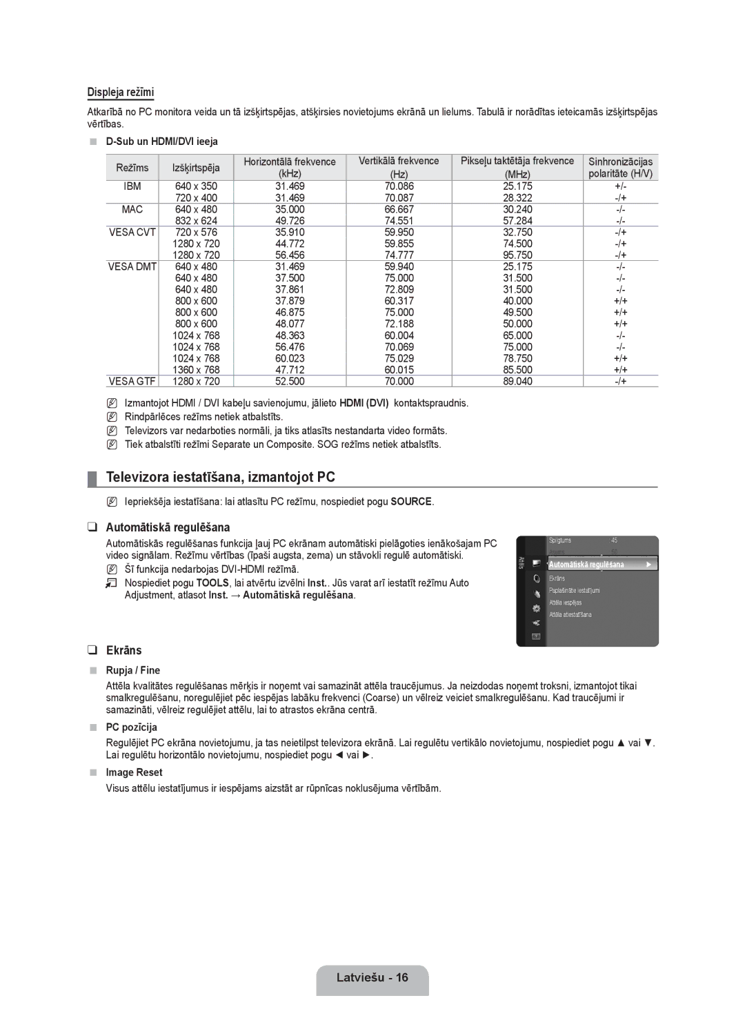 Samsung BN68-01899D-00 user manual Televizora iestatīšana, izmantojot PC, Displeja režīmi, Automātiskā regulēšana, Ekrāns 