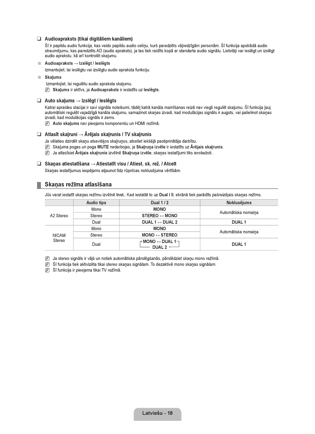 Samsung BN68-01899D-00 user manual Skaņas režīma atlasīšana, Audioapraksts tikai digitāliem kanāliem 