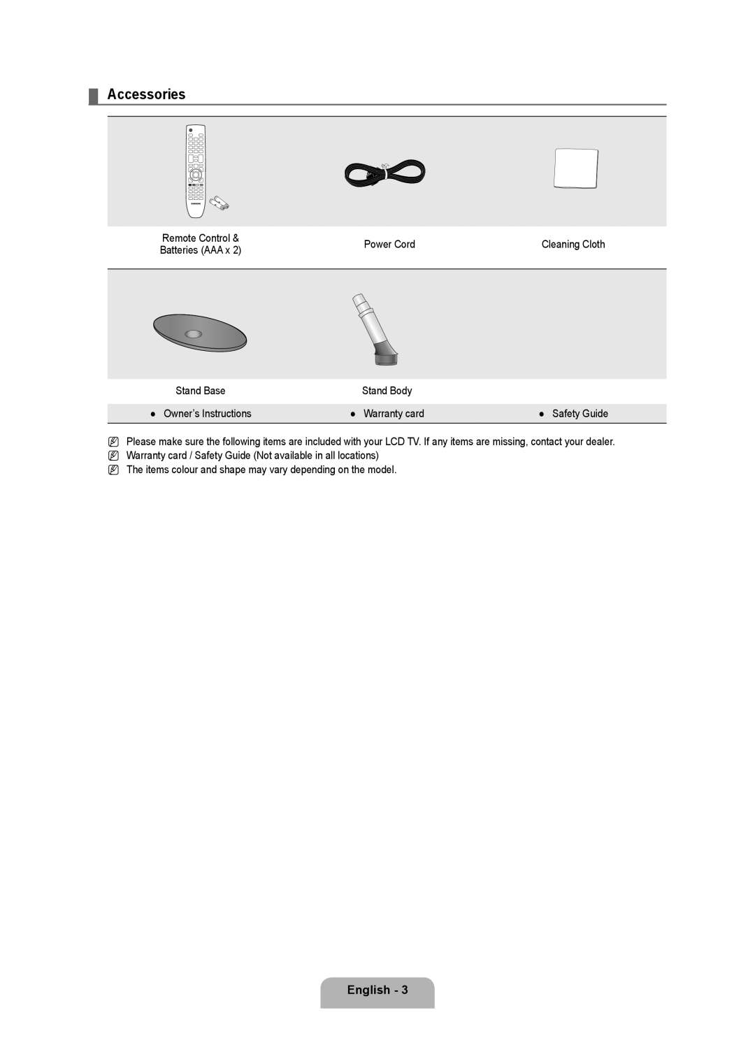 Samsung BN68-01899D-00 user manual Accessories, Power Cord Cleaning Cloth, Safety Guide 