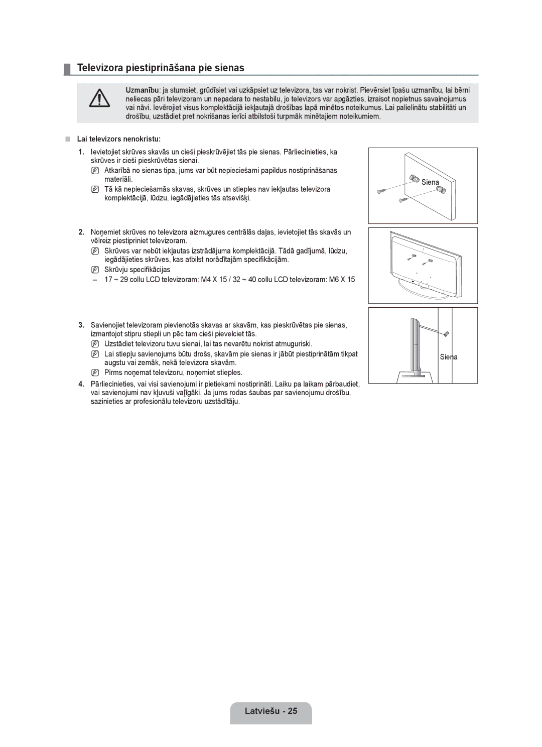 Samsung BN68-01899D-00 user manual Televizora piestiprināšana pie sienas,  Lai televizors nenokristu 