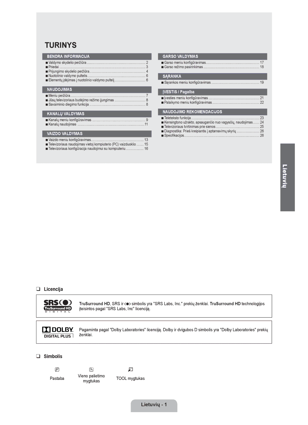 Samsung BN68-01899D-00 user manual Licencija, Simbolis, Lietuvių 