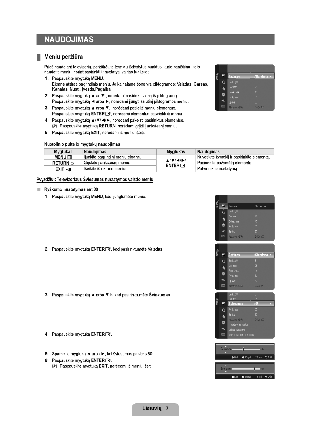 Samsung BN68-01899D-00 Naudojimas, Meniu peržiūra, Pvyzdžiui Televizoriaus Šviesumas nustatymas vaizdo meniu, Lietuvių  