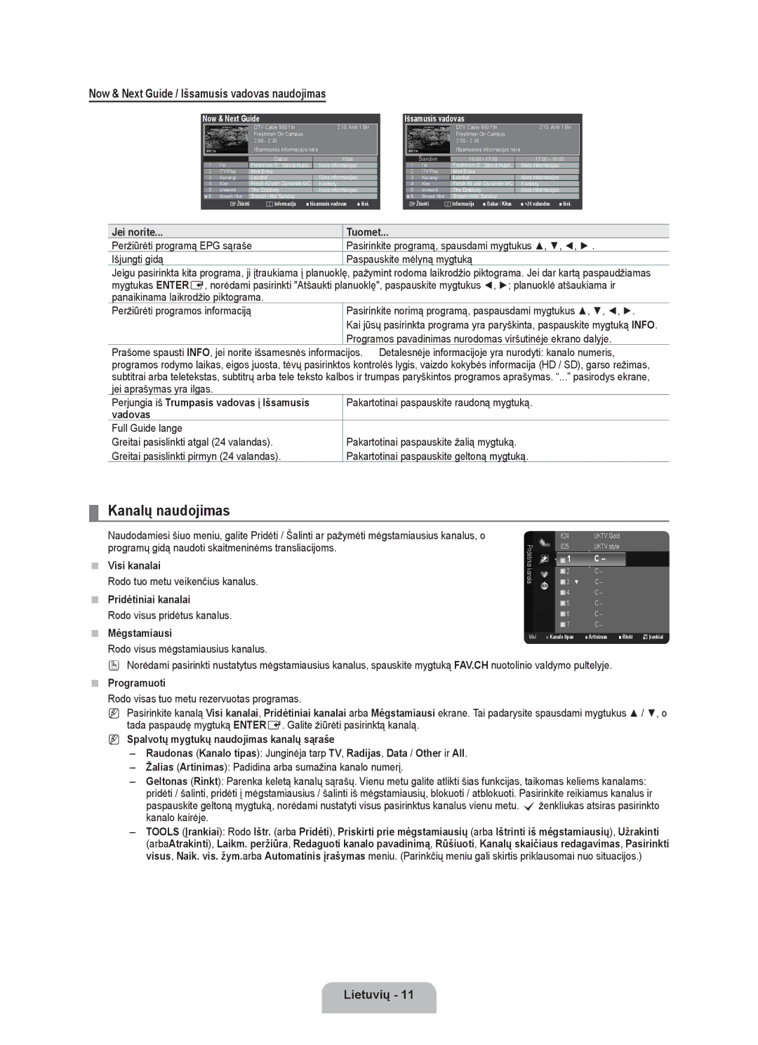 Samsung BN68-01899D-00 user manual Kanalų naudojimas, Now & Next Guide / Išsamusis vadovas naudojimas 