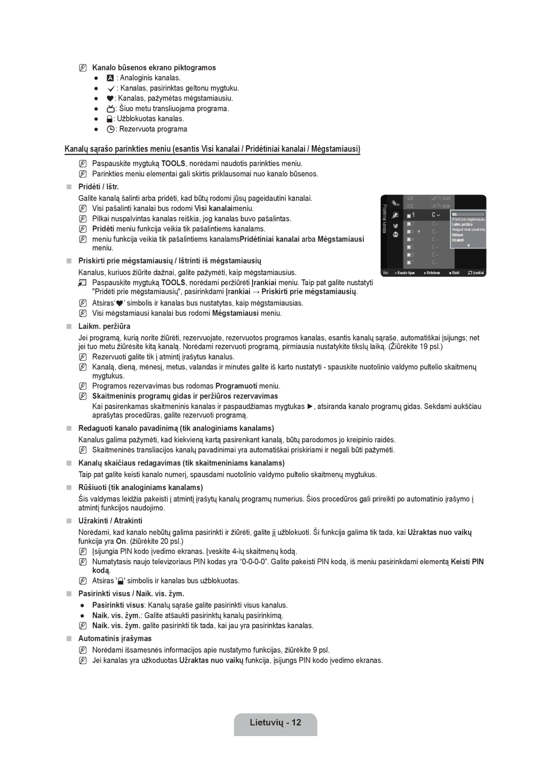 Samsung BN68-01899D-00 user manual Kanalo būsenos ekrano piktogramos,  Pridėti / Ištr, Meniu,  Laikm. peržiūra 