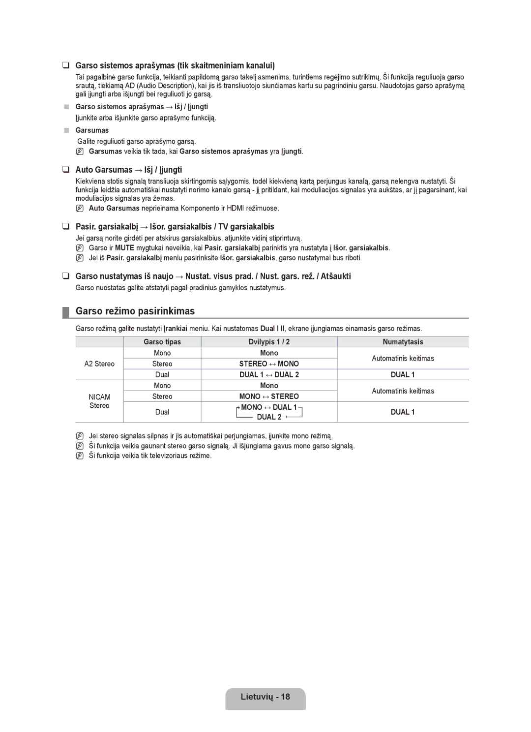 Samsung BN68-01899D-00 user manual Garso režimo pasirinkimas, Garso sistemos aprašymas tik skaitmeniniam kanalui 