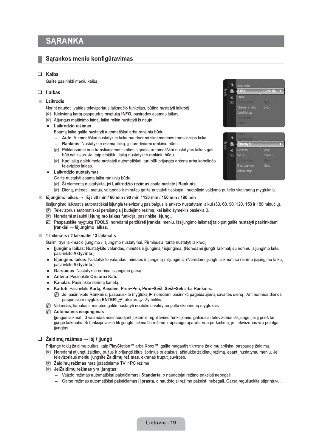 Samsung BN68-01899D-00 user manual Sąranka, Sąrankos meniu konfigūravimas, Kalba, Laikas, Žaidimų režimas → Išj / Įjungti 