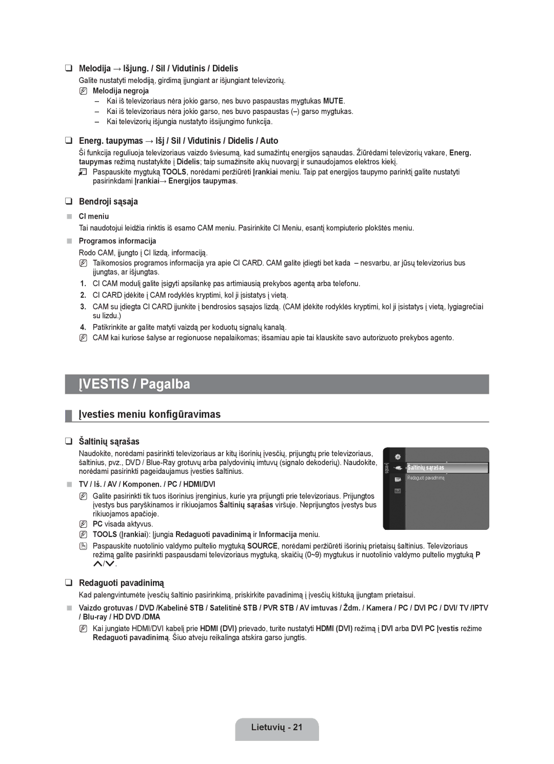 Samsung BN68-01899D-00 user manual Įvesties meniu konfigūravimas 