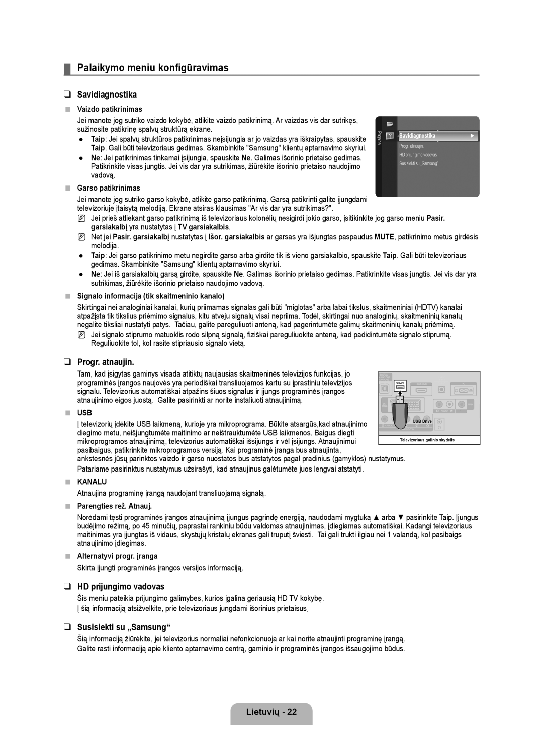 Samsung BN68-01899D-00 user manual Palaikymo meniu konfigūravimas, Savidiagnostika, Progr. atnaujin, HD prijungimo vadovas 