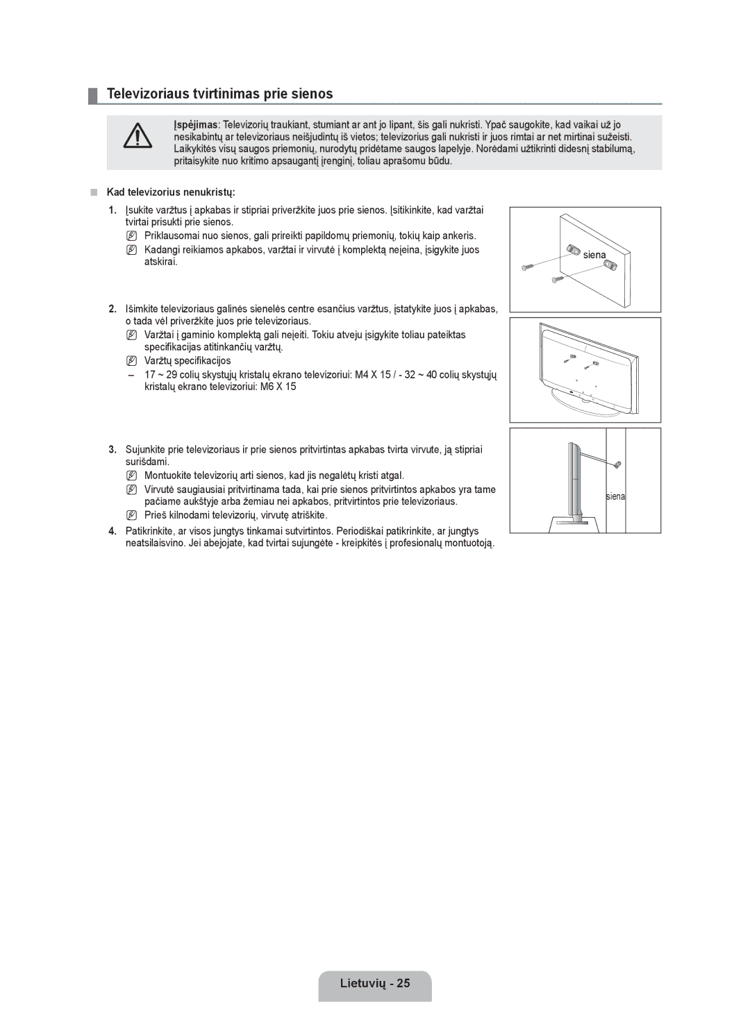 Samsung BN68-01899D-00 user manual Televizoriaus tvirtinimas prie sienos,  Kad televizorius nenukristų, Atskirai 