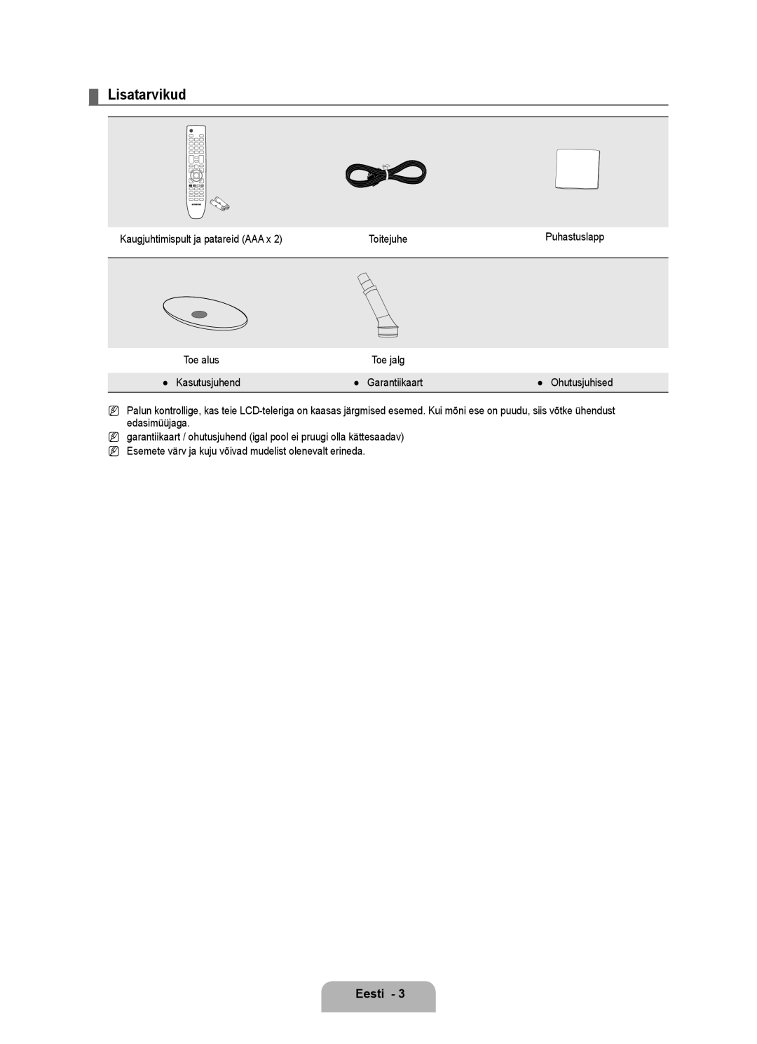 Samsung BN68-01899D-00 user manual Lisatarvikud, Kaugjuhtimispult ja patareid AAA x Toitejuhe Puhastuslapp, Ohutusjuhised 