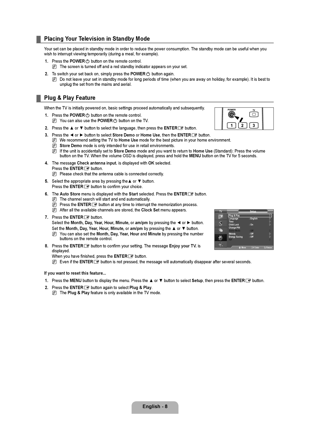 Samsung BN68-01911D-00 Placing Your Television in Standby Mode, Plug & Play Feature, If you want to reset this feature 