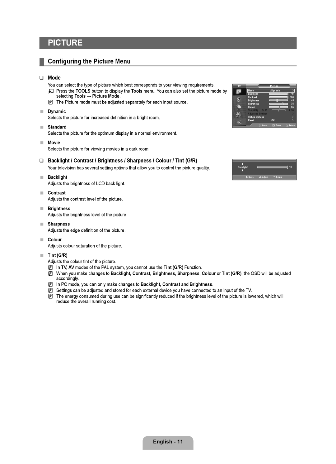 Samsung BN68-01911D-00 user manual Configuring the Picture Menu, Mode 