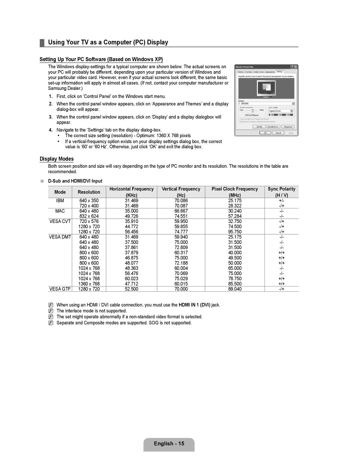 Samsung BN68-01911D-00 user manual Using Your TV as a Computer PC Display, Setting Up Your PC Software Based on Windows XP 