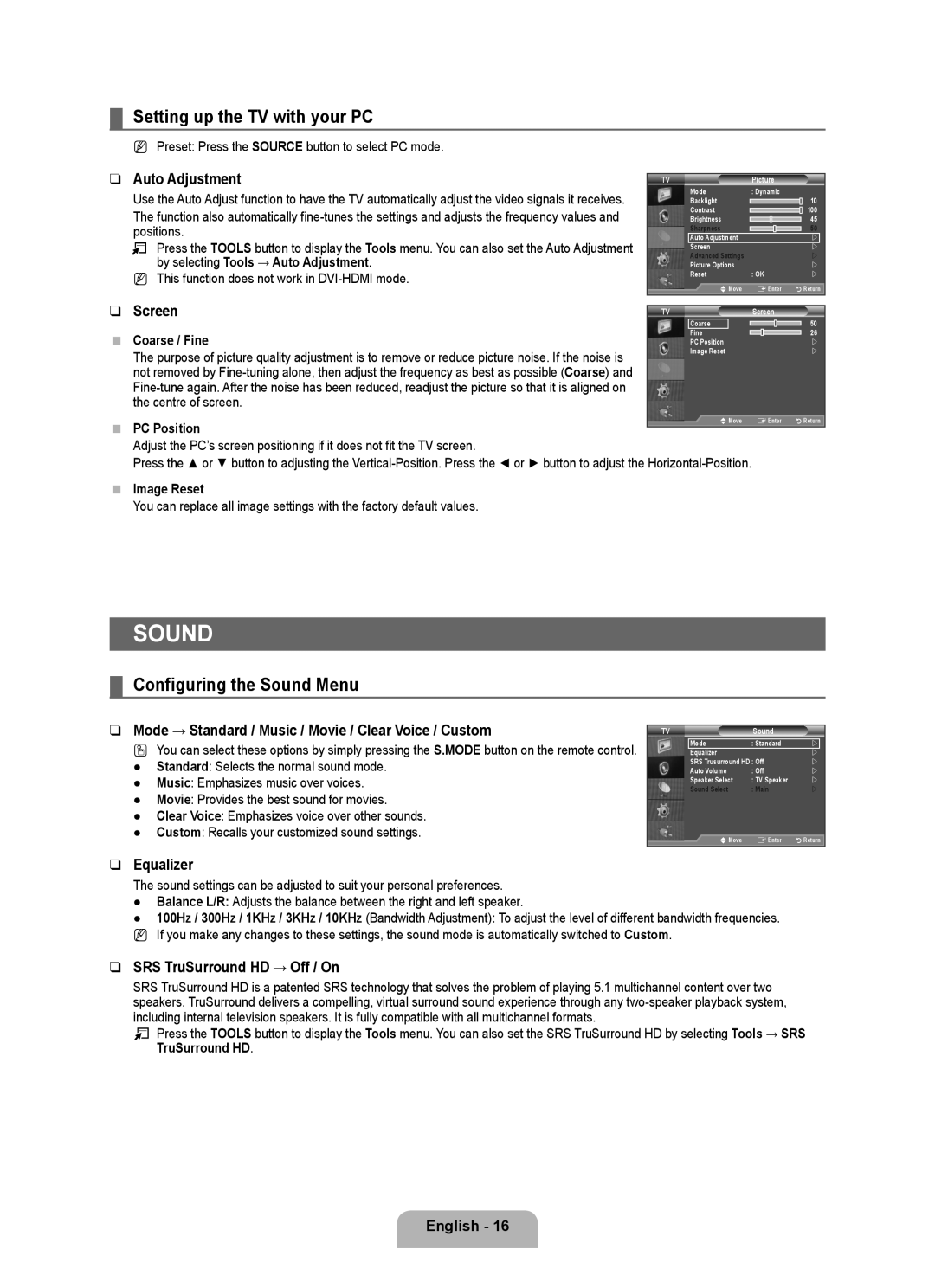 Samsung BN68-01911D-00 user manual Setting up the TV with your PC, Configuring the Sound Menu 