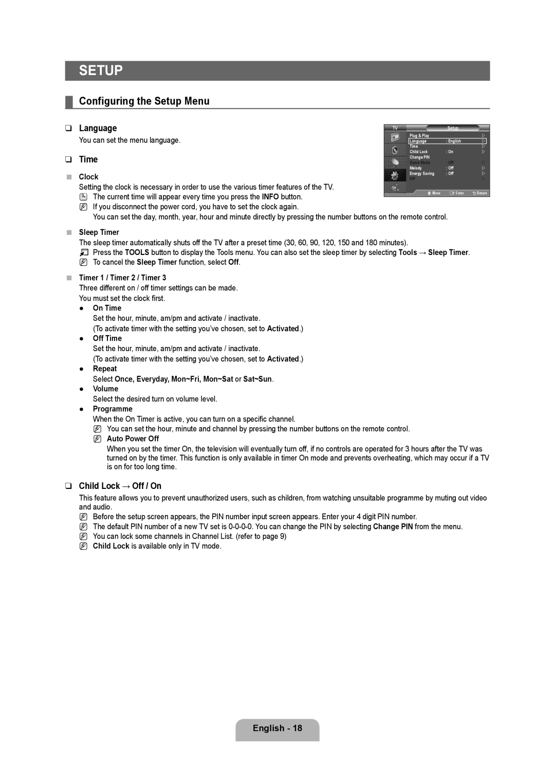 Samsung BN68-01911D-00 user manual Setup, Child Lock → Off / On 