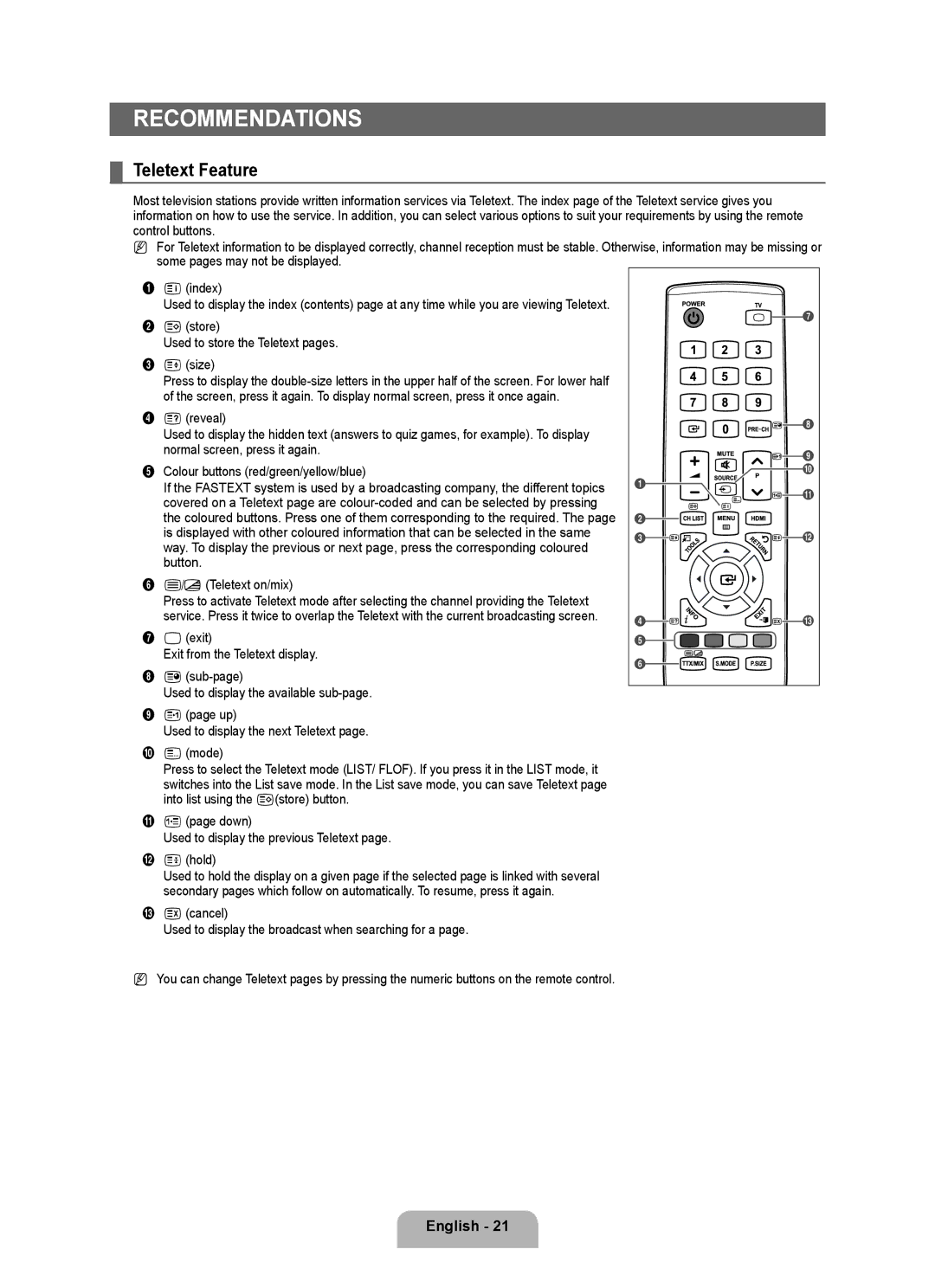 Samsung BN68-01911D-00 user manual Recommendations, Teletext Feature 