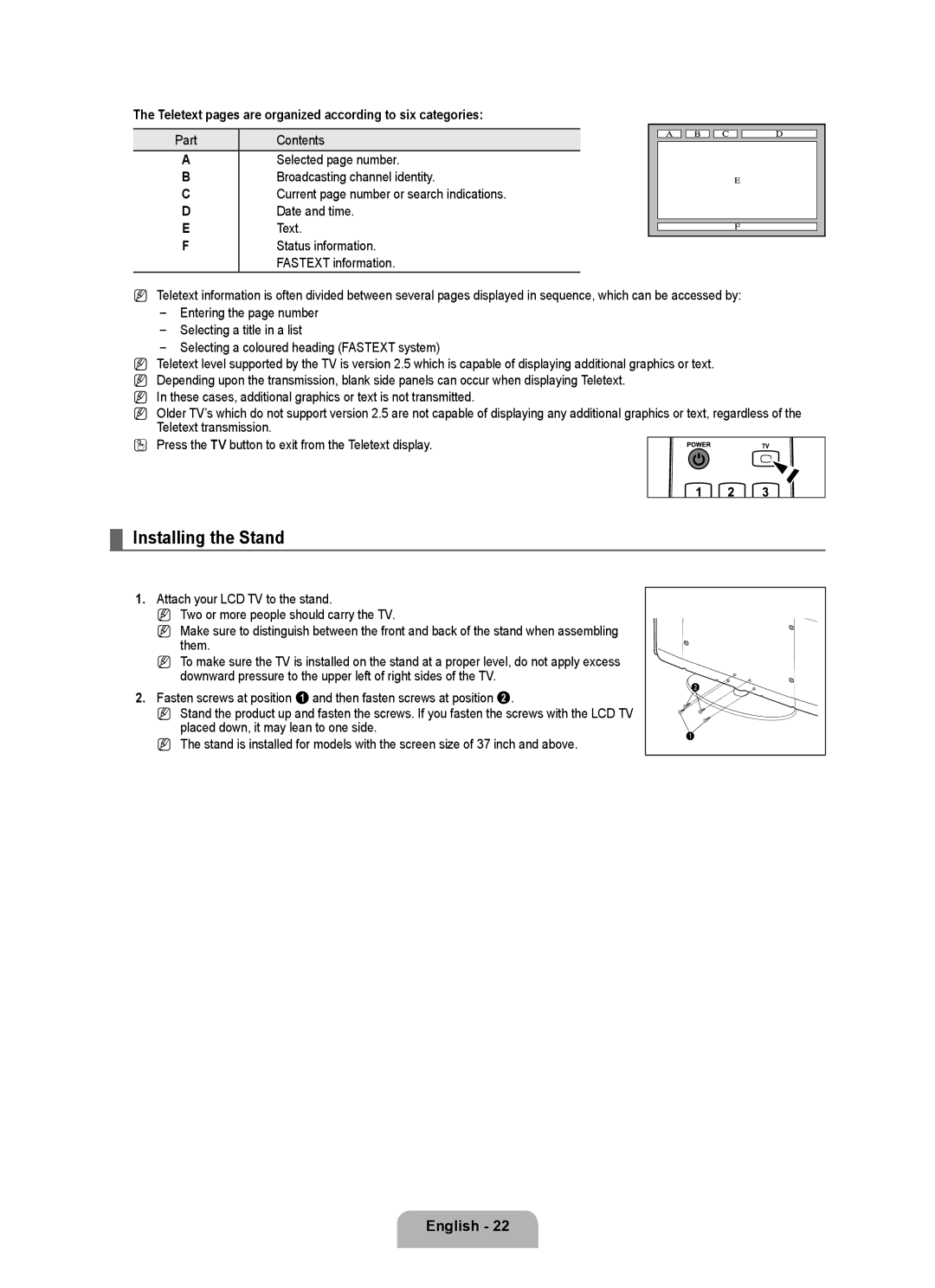 Samsung BN68-01911D-00 user manual Installing the Stand, Teletext pages are organized according to six categories 