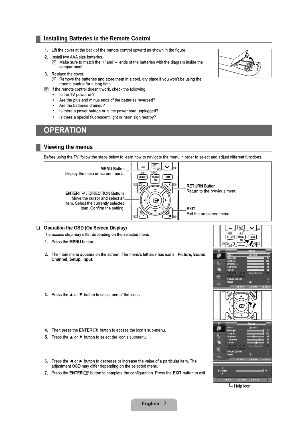 Samsung BN68-01911D-00 user manual Operation, Installing Batteries in the Remote Control, Viewing the menus 