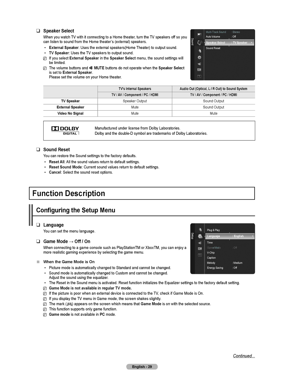 Samsung PN50B450B1D, BN68-01920A-00, PN42B450B1D Function Description, Configuring the Setup Menu, Sound Reset, Language 