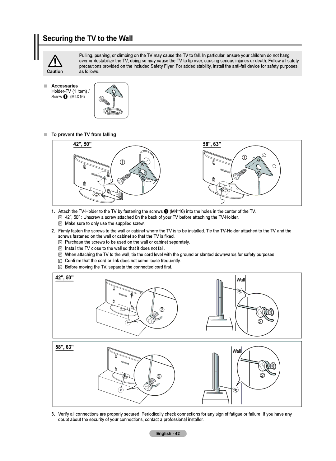 Samsung PN42B450B1D, BN68-01920A-00 user manual Securing the TV to the Wall,  Accessaries,  To prevent the TV from falling 