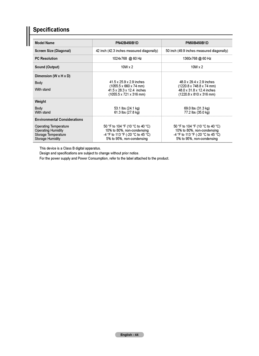 Samsung BN68-01920A-00, PN50B450B1D, PN42B450B1D, PN4B450B1D user manual Specifications 