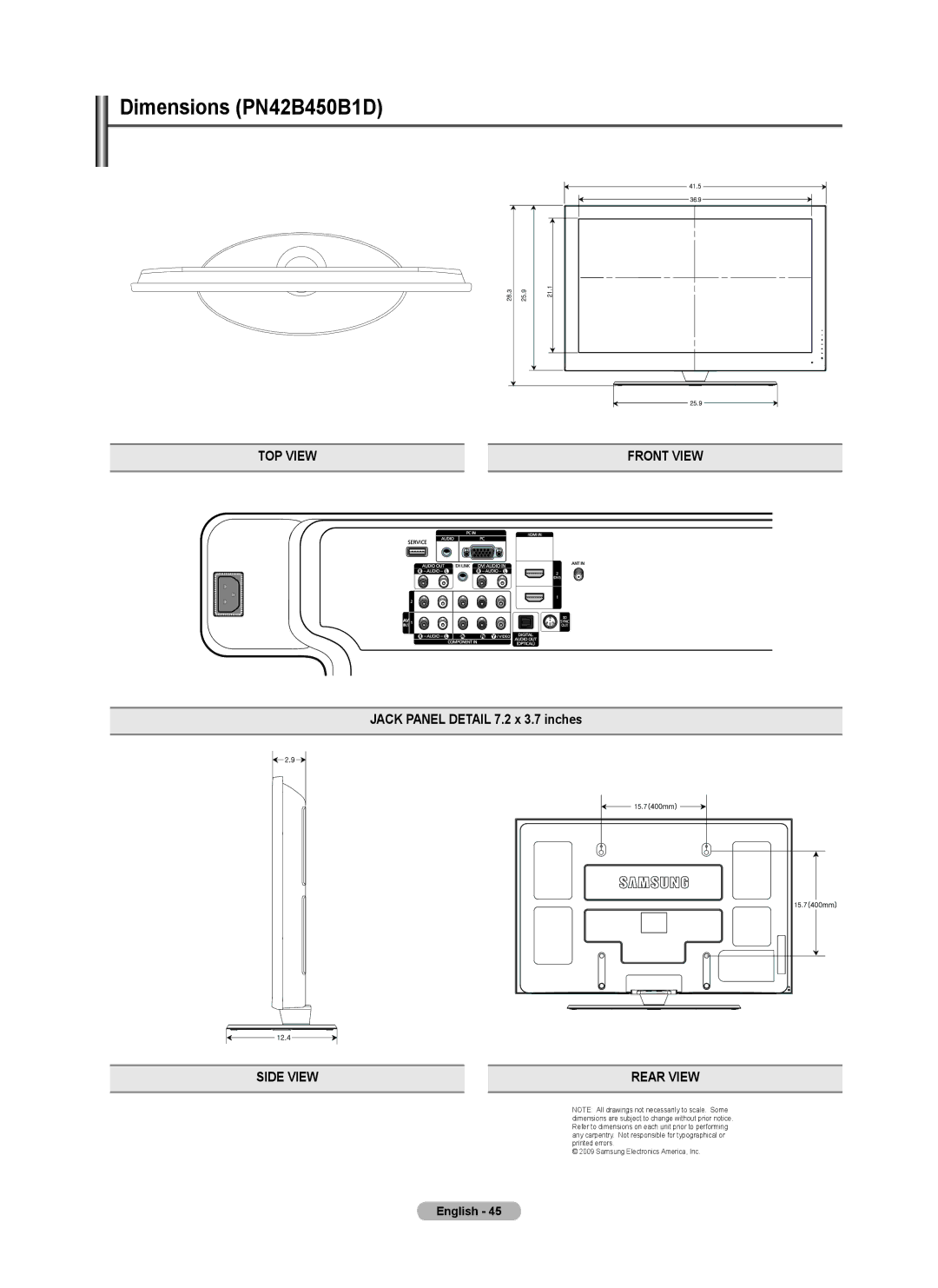 Samsung PN50B450B1D, BN68-01920A-00, PN4B450B1D user manual Dimensions PN42B450B1D, Jack Panel Detail 7.2 x 3.7 inches 