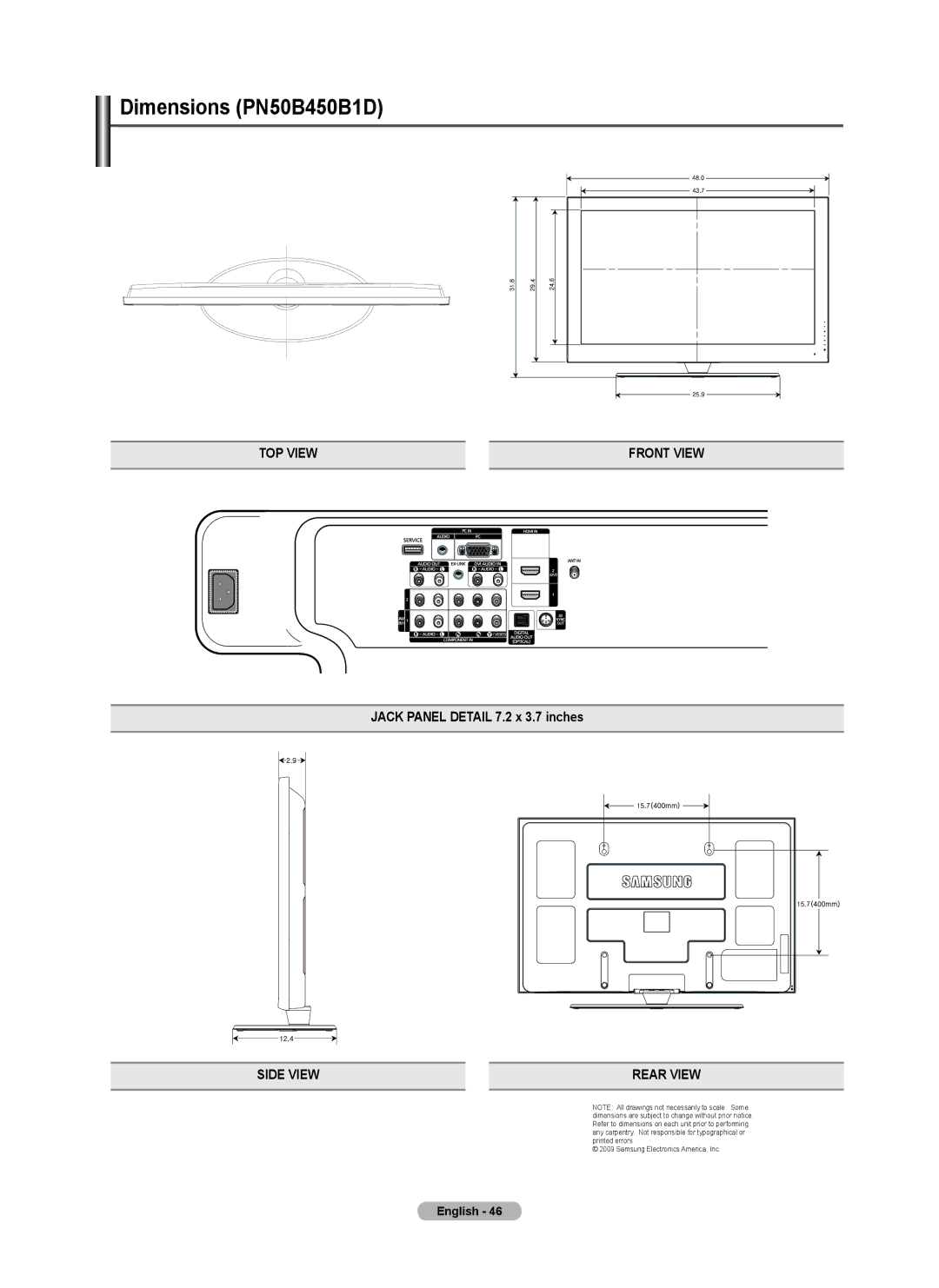 Samsung PN42B450B1D, BN68-01920A-00, PN4B450B1D user manual Dimensions PN50B450B1D 