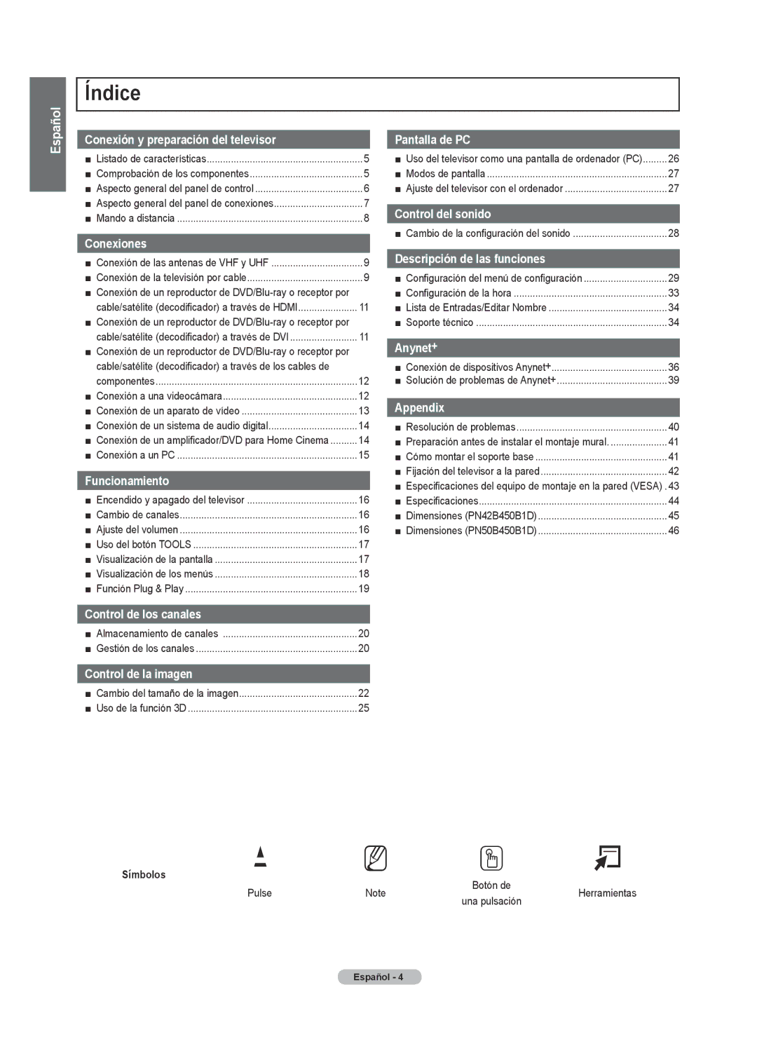 Samsung PN50B450B1D, BN68-01920A-00 Índice, Conexión de un reproductor de DVD/Blu-ray o receptor por, Símbolos, Pulse 