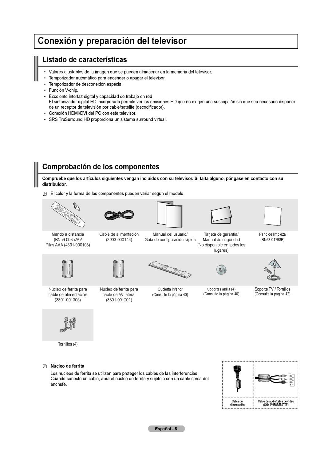 Samsung PN42B450B1D Conexión y preparación del televisor, Listado de características, Comprobación de los componentes 