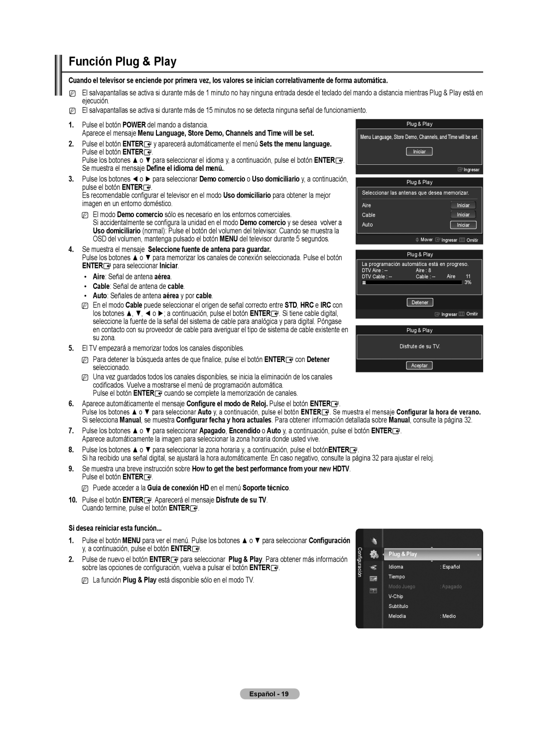 Samsung BN68-01920A-00, PN50B450B1D, PN42B450B1D Función Plug & Play, Se muestra el mensaje Define el idioma del menú 