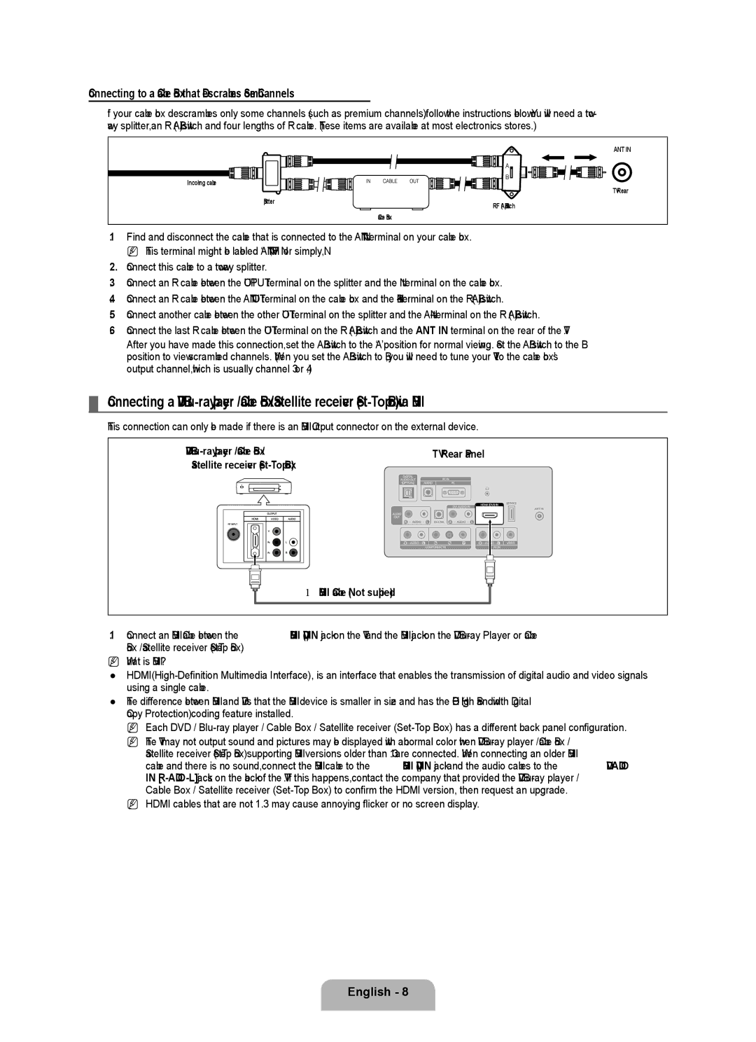 Samsung BN68-01975A-01, 360 user manual Connecting to a Cable Box that Descrambles Some Channels, Hdmi Cable Not supplied 