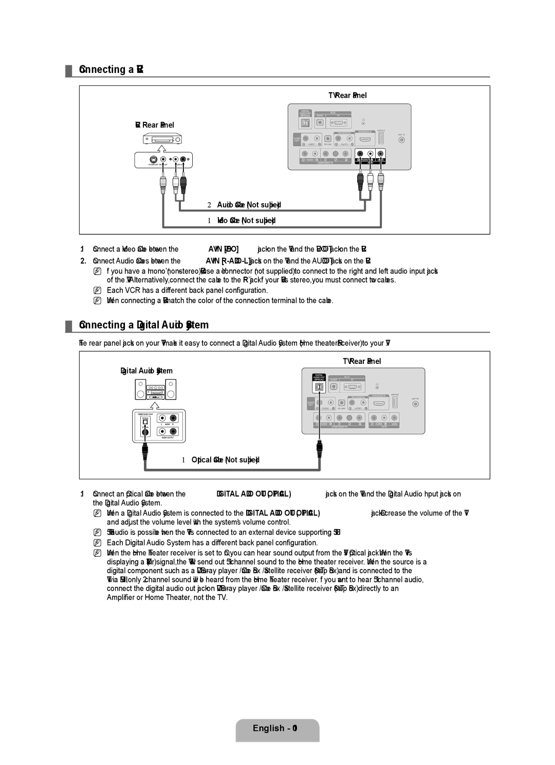 Samsung BN68-01975A-01, 360 Connecting a VCR, Connecting a Digital Audio System, Amplifier or Home Theater, not the TV 