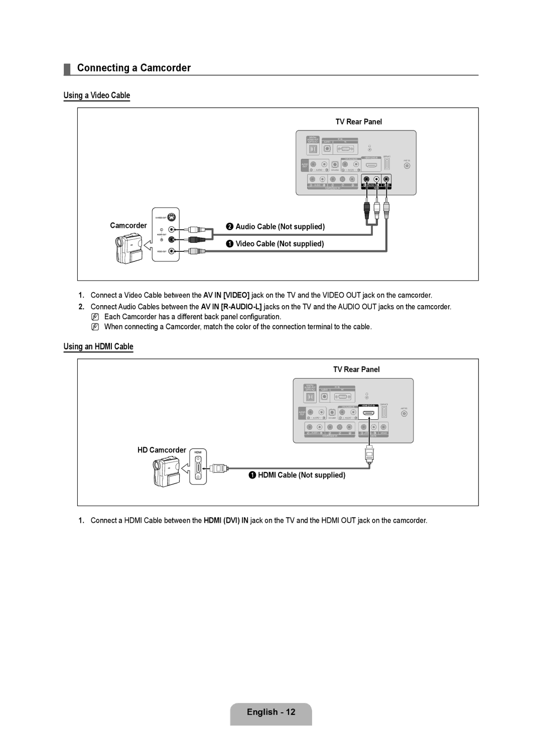 Samsung BN68-01975A-01, 360 user manual Connecting a Camcorder, Using a Video Cable, Using an Hdmi Cable 